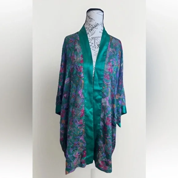 Vintage 90s Victoria's Secret Gold Label Green Floral Satin Sheer Kimono Robe OS - Picture 2 of 6